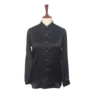 Womens Silky Satin Shirt Black Blouse Button Up Casual Dressy Top Medium Work